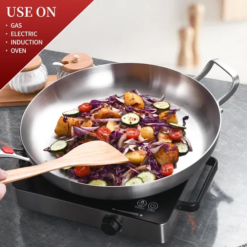Miniatura 3 de Inqibee Sartén grande de acero inoxidable de tres capas de 14 pulgadas con tapa, sartén grande con mango auxiliar, cocina jumbo, bandeja