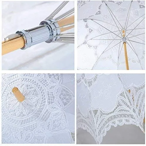 Miniatura 6 de Sombrilla de encaje para boda, para novia, de algodón, a la moda, con mango de madera, color marfil