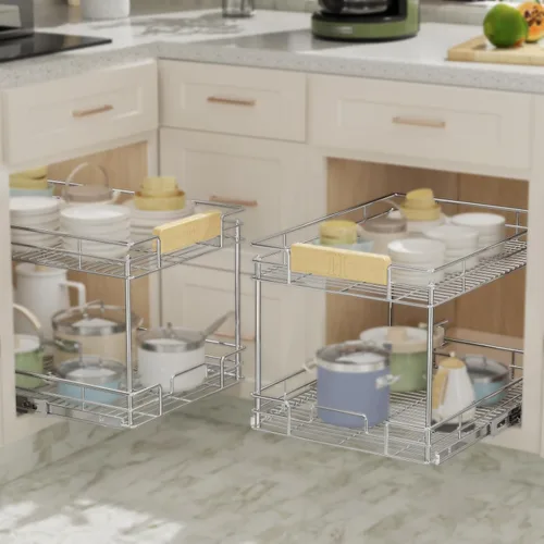 Miniatura 7 de ROOMTEC Organizador de gabinete extraíble con mango de madera, 19½ pulgadas de ancho x 21½ pulgadas de profundidad, 2 niveles, cajones extraíbles