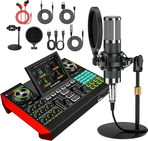 Miniatura 12 de Conjunto de micrófono de podcast con tarjeta de sonido en vivo y mezclador de audio, equipo de podcast con micrófono BM800 de 3.5mm para PC/YouTube