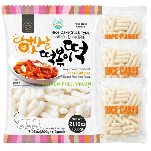 Unha's Asian Snack Box - Pastel de arroz coreano - 1 paquete (3 paquetes individuales) vegano sin OMG sin gluten Tteok Pasta21.16 oz (3 unidades
