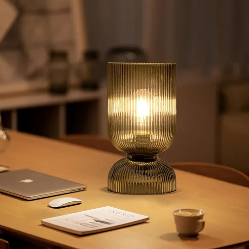 Miniatura 5 de Lámpara de mesa moderna, lámpara de vidrio de mediados de siglo con pantalla de vidrio gris ahumado, lámpara de cabecera con interruptor