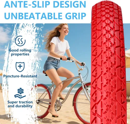 Miniatura 3 de Paquete de 2 neumáticos y tubos de bicicleta Cuiser de playa, 26 pulgadas, 24 x 2.125 pulgadas, 26 neumáticos de bicicleta de playa, rojo o azul