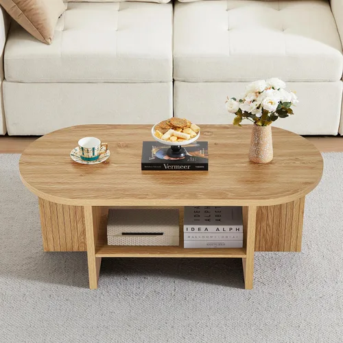 Miniatura 16 de XUZENEST - Mesa de café redonda de 31.5" con almacenamiento, mesa de café de 2 niveles de mediados de siglo moderna con puerta deslizante de tambor