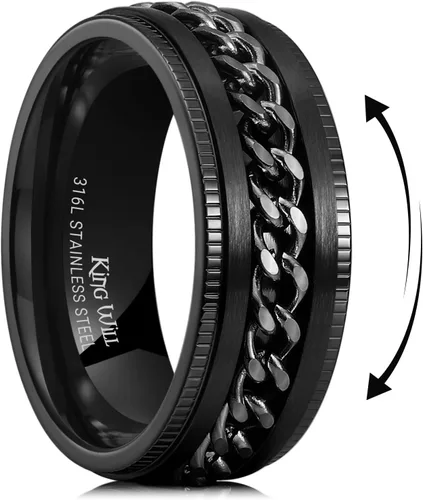 Miniatura 59 de King Will - Anillo antiestrés de acero inoxidable 316L para hombres y mujeres, con cadena decorativa giratoria, 8 mm de ancho, anillo de boda
