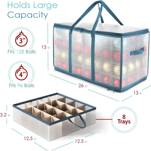 Miniatura 3 de Caja grande de almacenamiento para adornos navideños con divisores ajustables - Contenedor de almacenamiento de adornos de plástico para 128 adornos