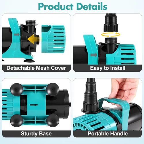 Miniatura 7 de Bomba de estanque de flujo ajustable, bomba de agua sumergible de 100 W con 600 a 1800 GPH, fuente ultra silenciosa y bomba de cascada con salida