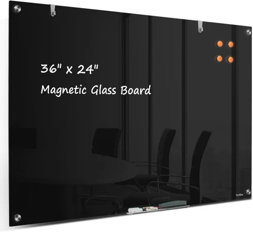 Pizarra blanca de borrado en seco magnética negra de vidrio, TANKEE moderna pizarra blanca de vidrio templado sin marco grande para pared, oficina,