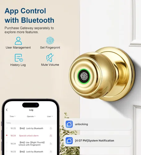 Miniatura 6 de Fingerprint Door Lock, Smart Fingerprint Door Knob with Lock, Biometric Door knob with App Control & Key, Keyless Entry Door Locks for Bedrooms