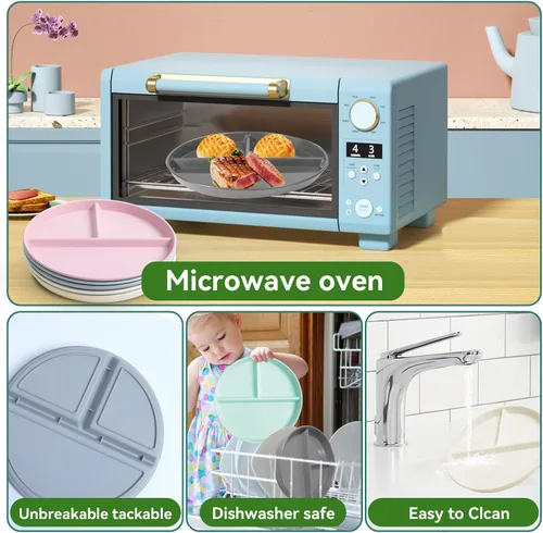 Miniatura 4 de Platos divididos irrompibles para niños y adultos 9 pulgadas 5 piezas, plato redondo de control de porciones, platos de 3 compartimentos