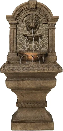 Royal Lions Head - Fuente de suelo italiana grande de 51 pulgadas de alto para decoración al aire libre de piedra sintética con estatua de luz,