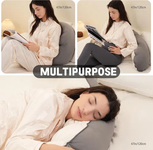 Miniatura 5 de Peallow(Pat. Pend) - Almohada larga redonda para adultos, almohada de apoyo suave y de apoyo para dormir y soporte lumbar (gris-blanco, 47 pulgadas)