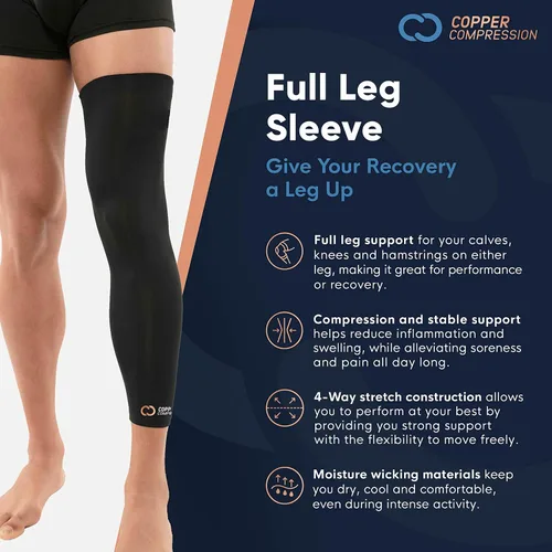Miniatura 3 de Copper Compression Manga de compresión para piernas, soporte estabilizador de rodilla con infusión de cobre para correr, desgarro de menisco, ACL