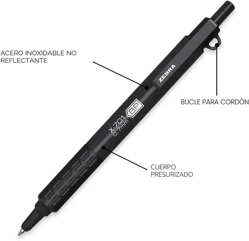 Miniatura 6 de Zebra Pen X-701 - Bolígrafo táctico con recargas, punta fina, 0.028 pulgadas, tinta negra, 1 bolígrafo y 2 recargas (29811)