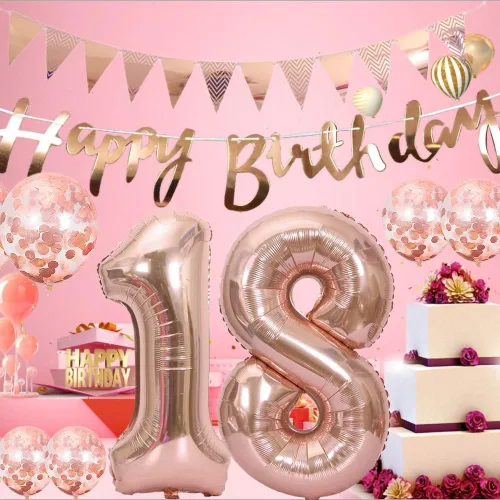 Miniatura 3 de Guirnalda de cumpleaños número 14 de oro rosa + pancarta, 5 globos de confeti, globos del número 14, decoración de feliz cumpleaños