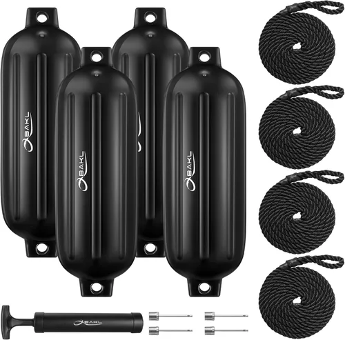 Defensas para Barco Paquete de 4 de 8.5 x 27 Pulgadas Acanaladas con Ojos Gemelos Defensas Parachoques para Barco para Atraque, Viene con Cuerdas y