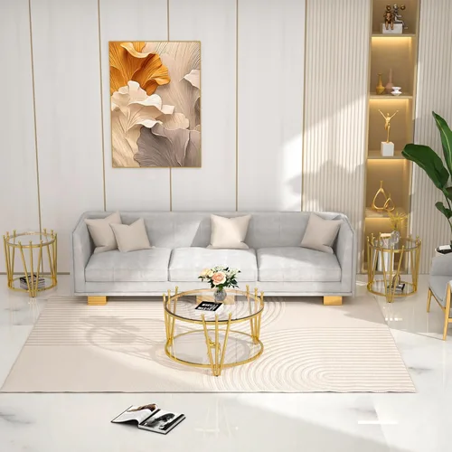 Miniatura 7 de Mesa de centro redonda de cristal dorado de 31.5 pulgadas para sala de estar, diseño moderno de corona de acero inoxidable, mesa de centro pequeña
