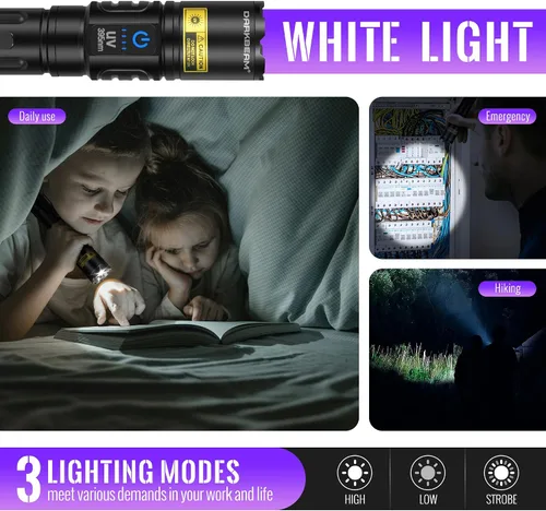 Miniatura 5 de DARKBEAM Linterna UV 365nm y 395nm Luz Negra Dual, Linterna Ultravioleta LED Recargable por USB con Luz Negra, Lámpara Woods Enfocable Potente