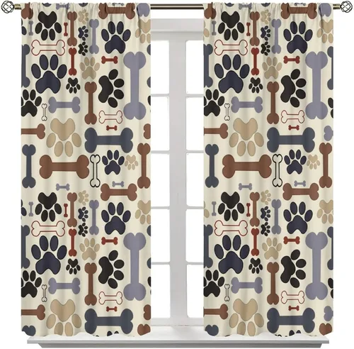 Miniatura 2 de Cortinas opacas con diseño de animales, fondo azul con huellas de perro, huesos y divertido patrón de cachorro, cortinas de sala de estar para niños