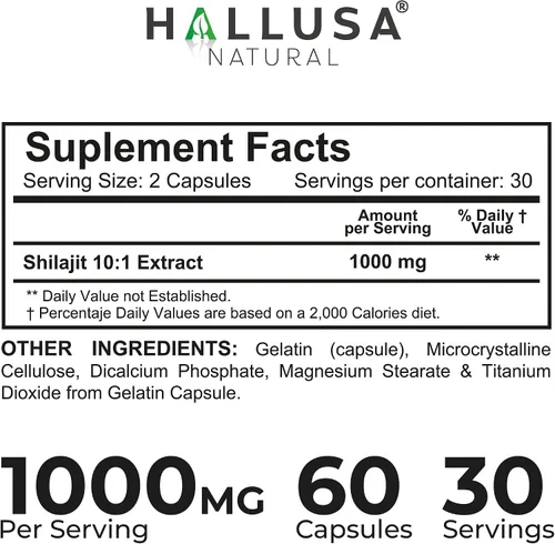Miniatura 6 de Hallusa HallShilajit - Shilajit del Himalaya 1000 mg, Shilajit para hombres y mujeres, extracto de ácido fúlvico, apoyo energético, 60 cápsulas