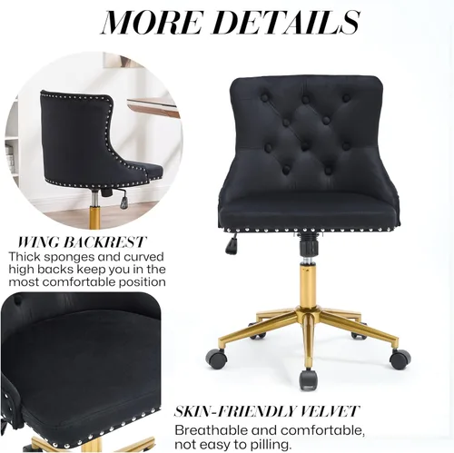 Miniatura 8 de Silla de escritorio de terciopelo sin brazos para oficina en casa, silla giratoria con altura ajustable, pequeña y linda silla de tocador para Negro