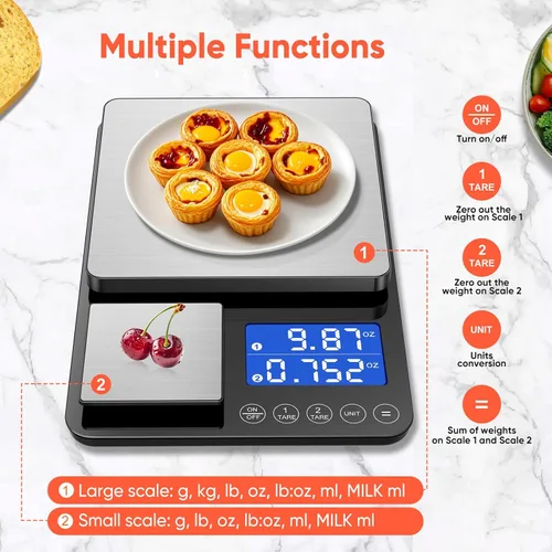 Miniatura 3 de KUAIVO Báscula de cocina de doble plataforma de 0.001 onzas / 33 libras, báscula digital de alimentos con dos superficies de precisión, pantalla