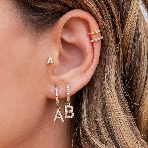 Miniatura 5 de Aretes de iniciales para niñas y mujeres, de plata 925, hipoalergénicos, pequeños, chapados en oro, con circonia cúbica, aretes de iniciales, joyas