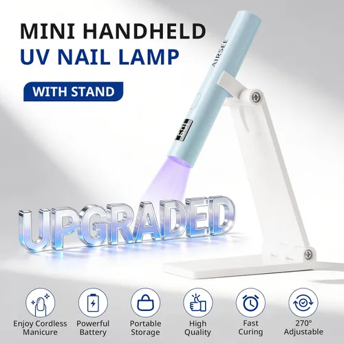 Miniatura 2 de AIRSEE Mini luz UV de mano con bolsa de almacenamiento y soporte, lámparas de uñas inalámbricas y portátiles, 2 temporizadores y pantalla LCD