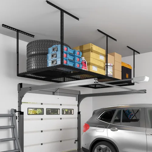 Miniatura 7 de FLEXIMOUNTS Estante de almacenamiento aéreo para garaje de 4x8, sistema de organización ajustable, estantes de techo de metal de alta resistencia