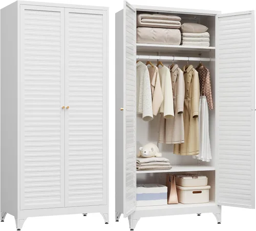 Miniatura 9 de SteeLoong Armario de metal de 71 pulgadas con barra para colgar, armario con puertas y estantes ajustables, armarios de almacenamiento de ropa negra