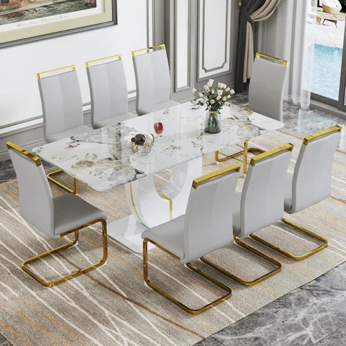 Miniatura 37 de Juego de 6 sillas de mesa de comedor para 6, juego de 6, moderno juego de comedor con mesa de comedor de mármol de 63 pulgadas, sillas tapizadas