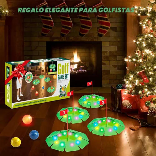 Miniatura 8 de Juego de golf iluminado VATOS - Mini juguete de golf con brillo con 4 agujeros LED, 4 bolas (2 brillantes), putter extensible, construye tu propio