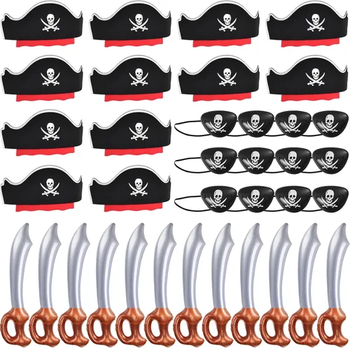 Miniatura 9 de ZeeDix 18 accesorios piratas para niños, incluye 6 sombreros de pirata, 6 parches de ojos y 6 bigotes, decoraciones de fiesta pirata para Navidad