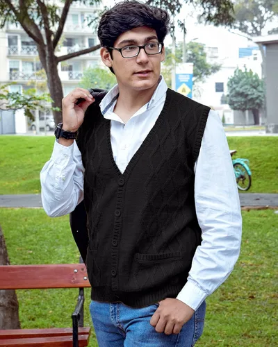 Miniatura 2 de TINKUY Chaleco peruano de lana de alpaca con cuello en V para hombre, S-4XL