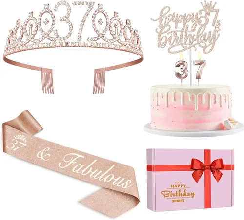 Miniatura 37 de Decoraciones de cumpleaños de 24 años para mujeres, incluyendo banda de cumpleaños, tiara/corona, velas numéricas y decoración de pastel, regalos