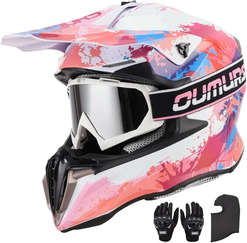 Miniatura 13 de OUMURS Casco de motocross para adultos con gafas, guantes y máscara ajustable, visera solar, casco para adultos, todoterreno, motocross, descenso