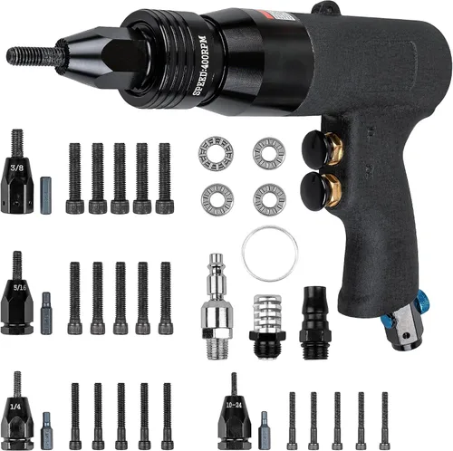Clatoon Pistola neumática de tuerca remachadora con cabeza autoblocante de 10-24, 1/4, 5/16 y 3/8, pistola de remache de aire de velocidad
