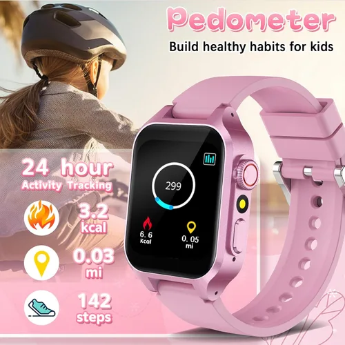 Miniatura 7 de Reloj inteligente de juegos para niños con 32 juegos, cámara telescópica, podómetro, alarma, video, música, audiolibro, tarjeta de aprendizaje, Rosa