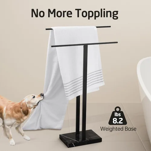 Miniatura 2 de KES Soporte de toallas de pie con base de mármol natural negro, soporte de toallero de 2 niveles para piso de baño, soporte para toallas de baño