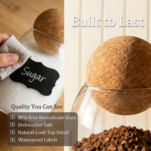Miniatura 7 de ComSaf Paquete de 3 tarros de vidrio decorativos transparentes de 16 onzas con tapa de bola de corcho, barra de café, cocina, almacenamiento