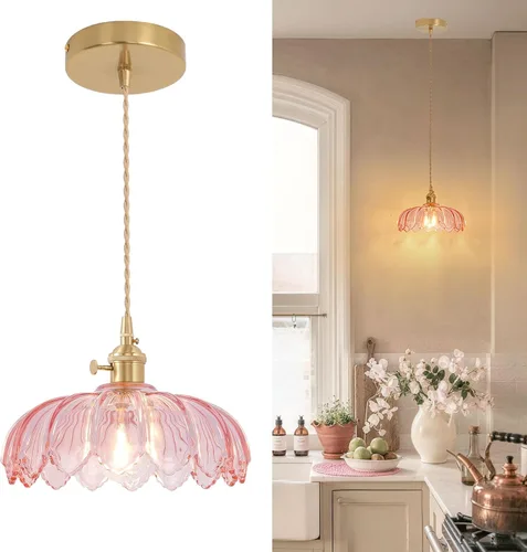 Miniatura 19 de Shenmoyl Lámpara colgante con pantalla de vidrio transparente a rayas, luz colgante vintage de latón, luz colgante ajustable para cocina, isla