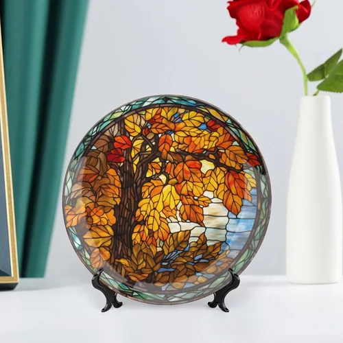 Miniatura 6 de Platos decorativos de otoño, diseño de vitrales, placa de exhibición de árbol de otoño para el hogar, oficina, cocina, decoración de mesa, platos