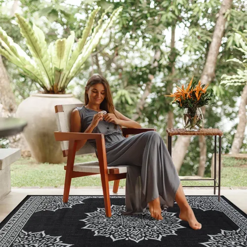 Miniatura 5 de CAMILSON Alfombra para Exteriores, 8x10 Medallón Negro Blanco Alfombras de Área Modernas para Patios Interiores y Exteriores, Alfombras de Cocina