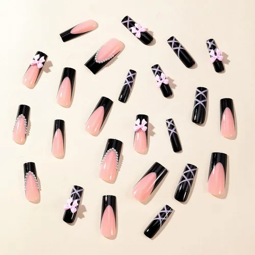 Miniatura 2 de Uñas postizas a presión de ballet negras, uñas postizas largas cuadradas con punta francesa, uñas postizas con lazo rosa con diseños de perlas