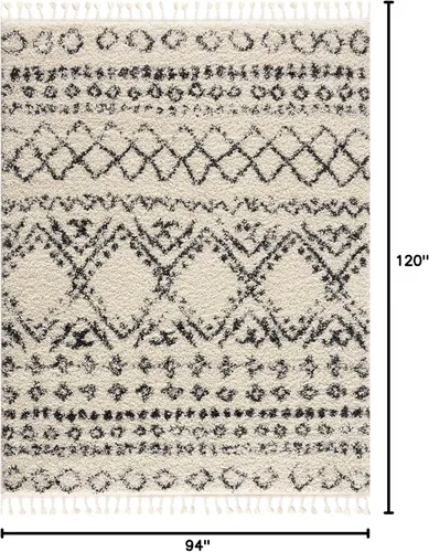 Miniatura 111 de Hauteloom, Duncans - Alfombra de estilo granja de pelo mullido para sala y dormitorio, con borlas - Beige, carbón, gris - 2 pies 7 pulgadas x 7 pies
