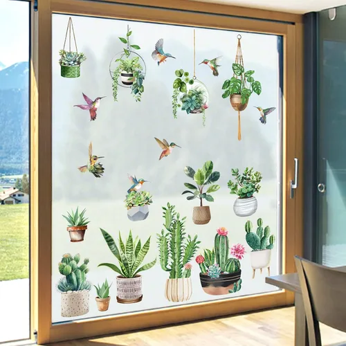 Miniatura 3 de Wondever Pegatina de cristal de colibríes, cactus botánico tropical, plantas colgantes, anticolisión, doble cara, estáticas para ventana