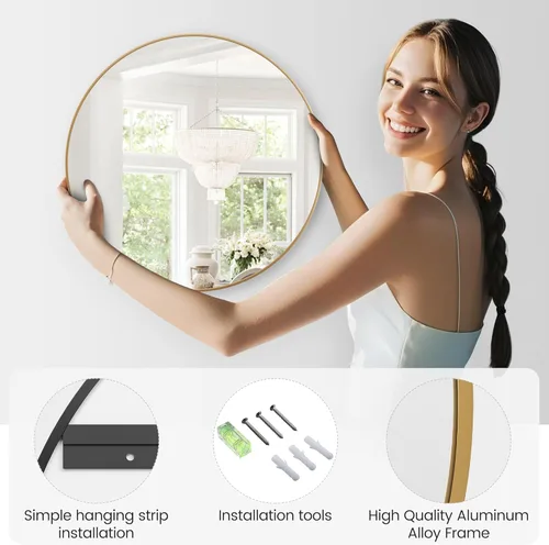 Miniatura 7 de Espejo redondo dorado de 30 pulgadas para pared, espejo de baño circular grande para sobre el fregadero, marco de metal dorado mate, vidrio
