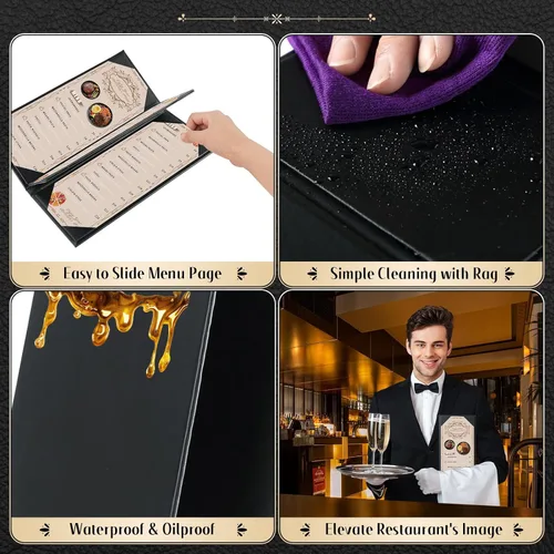 Miniatura 4 de Fundas para menú de restaurante de 4.25 x 11 pulgadas, paquete de 5 paneles de cuero sintético con triple pliegue, 4 esquinas anguladas, color negro
