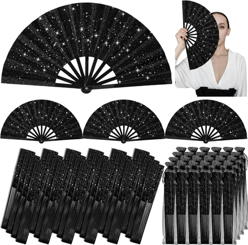 Miniatura 9 de Vercraft 24 abanicos de mano plegables grandes con purpurina para baile de línea, fanáticos de baile con bolsa, aplaudiendo, raves, fanáticos a Rosa