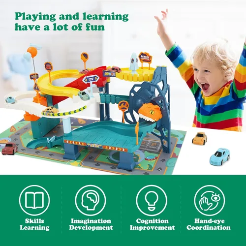 Miniatura 6 de Juguete de coche de pista de carreras para niños, juego de vehículo de aventura de dinosaurio con 5 mini autos y mapa de ruta, juguetes educativos